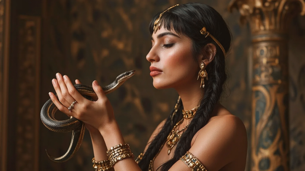 retrato de Cleopatra con una serpiente entre las manos